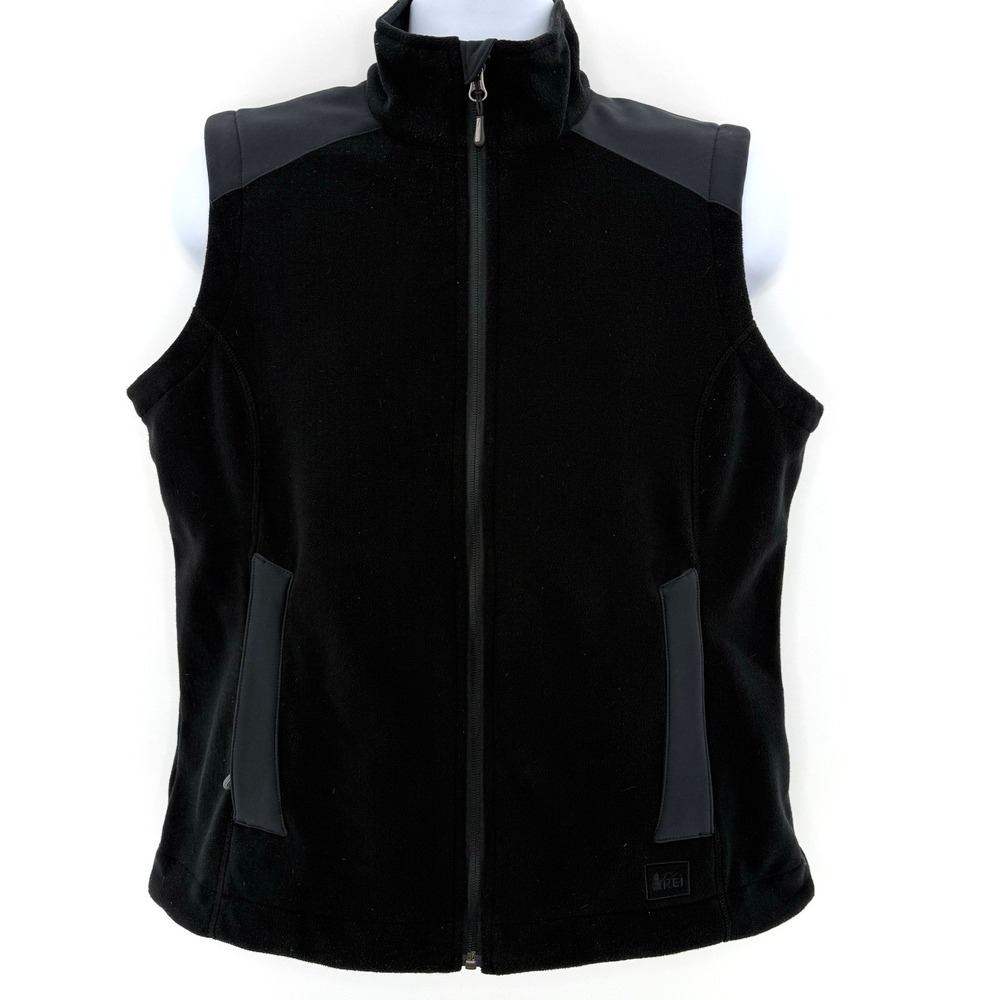 REI Womens L Full Zip Fleece Vest Black Grid Thermal Core Loft Outdoor Hiking